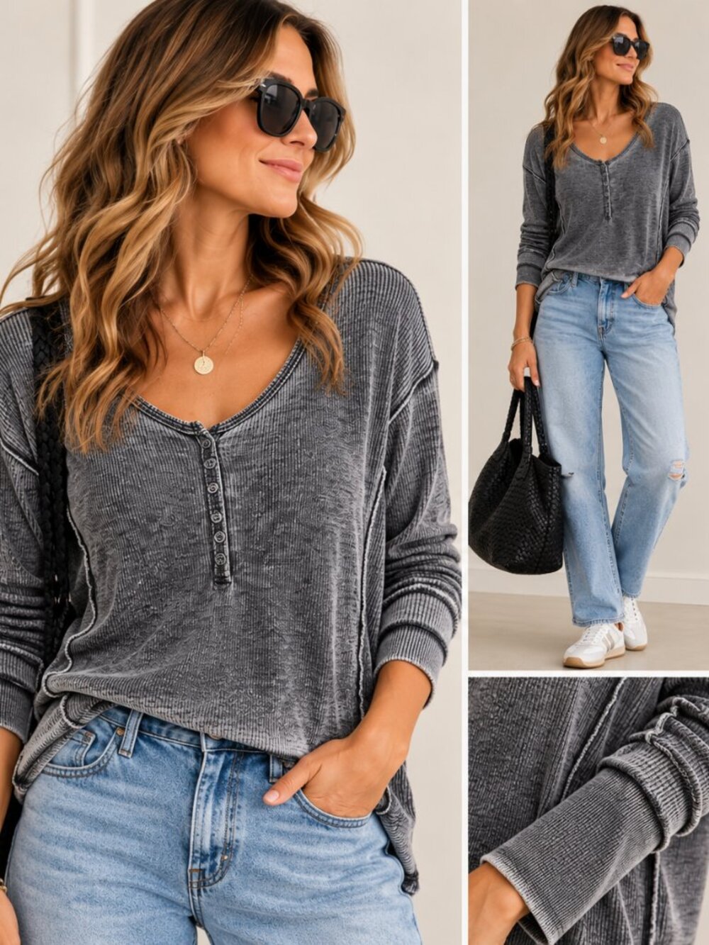Treasure & Bond Caviar Gray Washed Henley Long Sleeve Top M